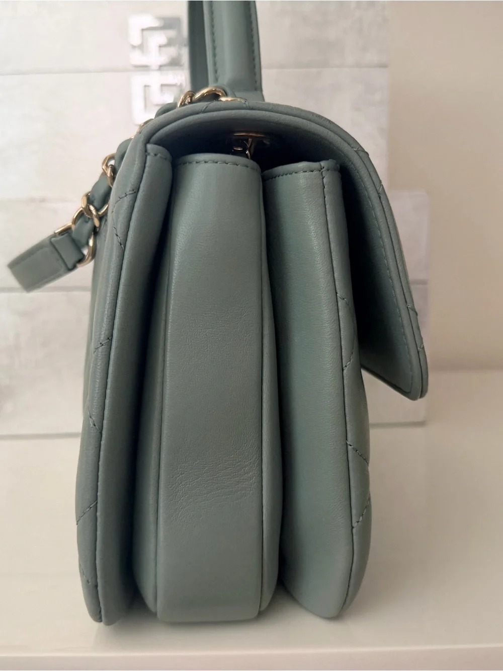 CHANEL Sage Green Quilted Top Handle Satchel with Gold Hardware